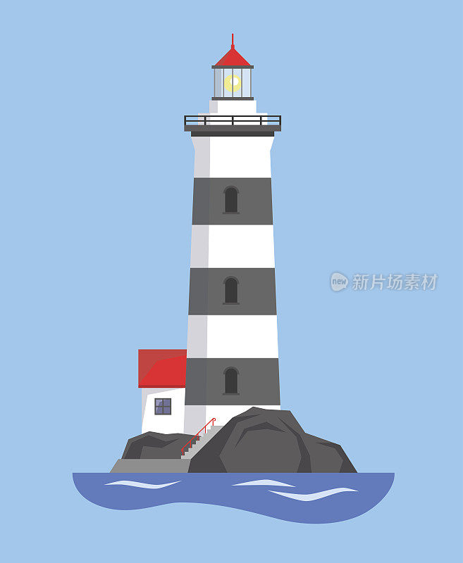 The image of a lighthouse with a house